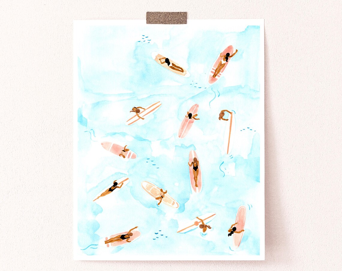 Surfers Summer Ocean Art Print, Watercolor Illustration - Image 2