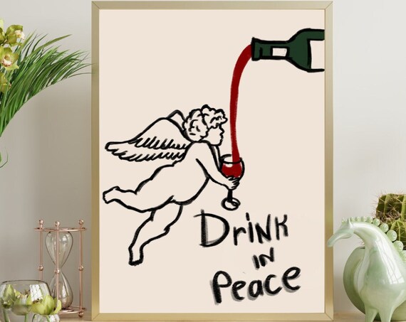 Drink In Peace Angel Pouring Wine Vintage Hand Drawn Style Poster