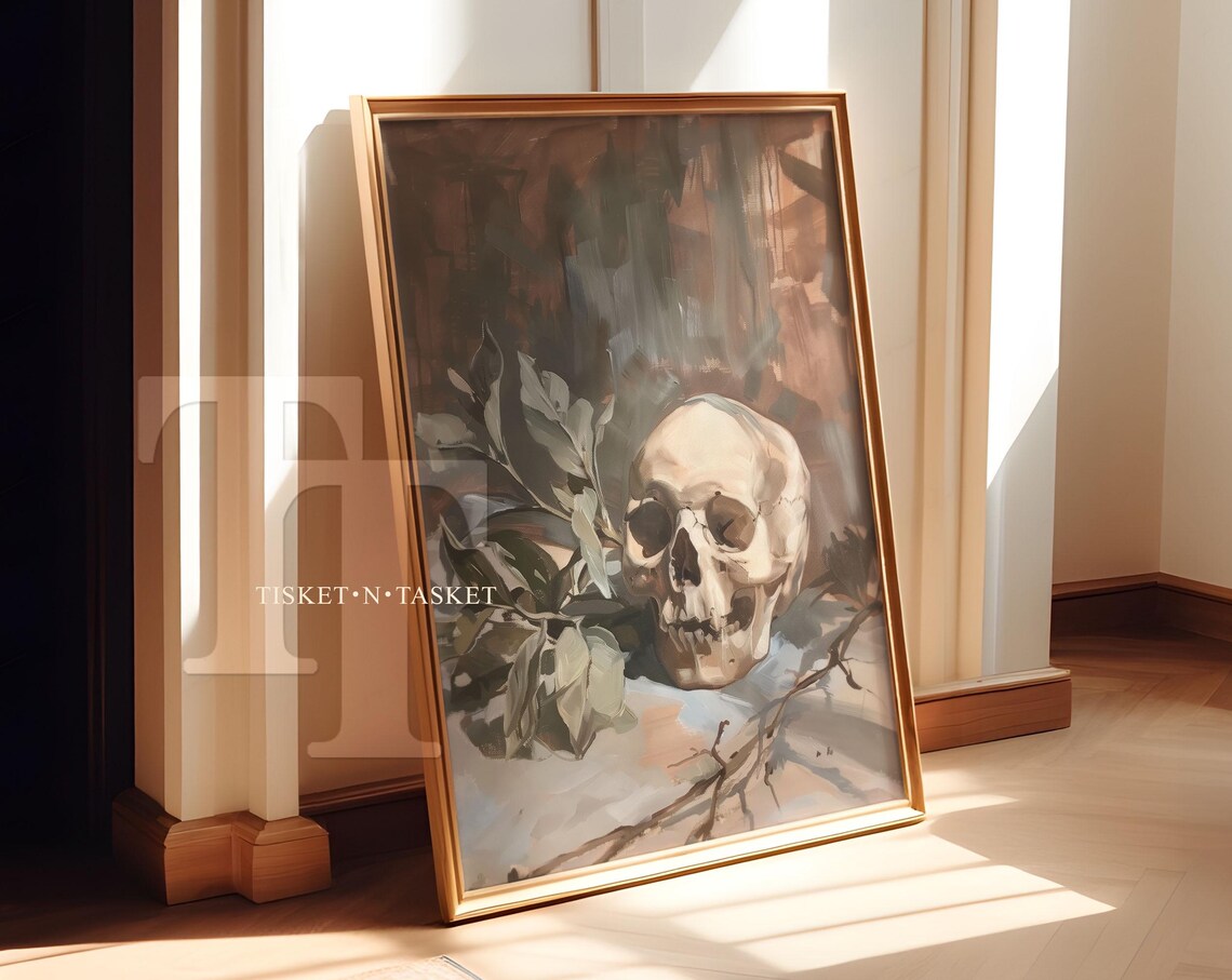 Skull Still Life Botanical Painting Neutral Vanitas Dark Academia Wall Art