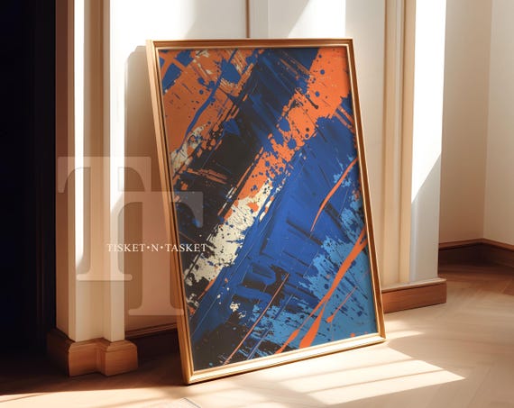 Blue Orange Abstract Paint Splattered Print Wall Art