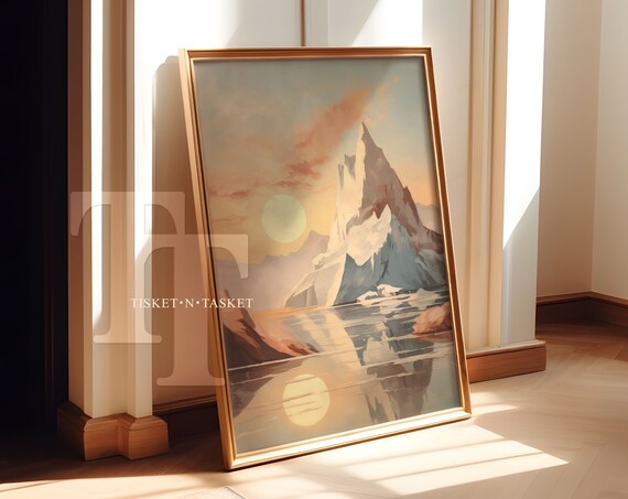Winter Mountain Peak At Sunset Reflected In Lake Nature Art Poster