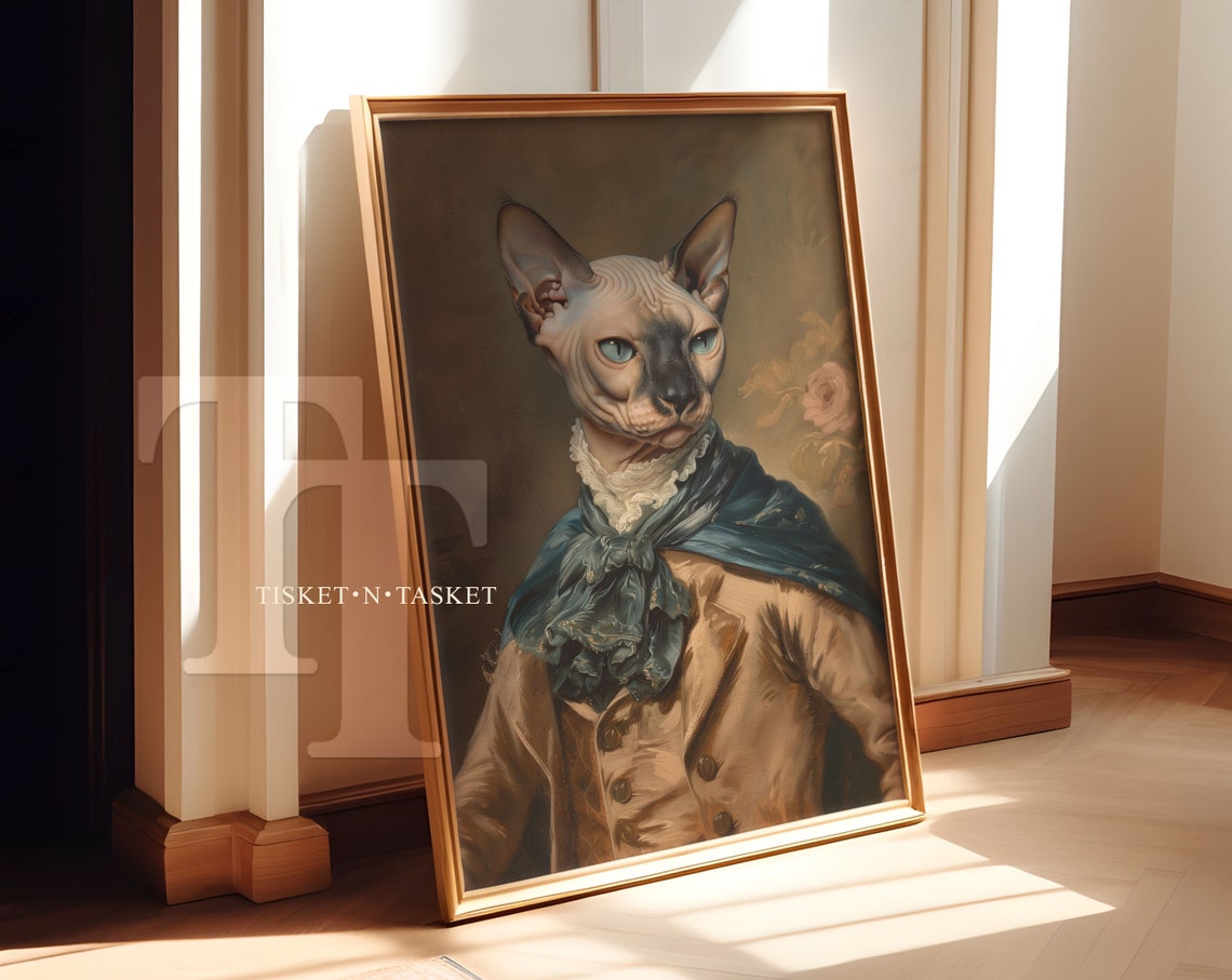 Victorian Era Seal Point Sphynx Cat Portrait Vintage Style Wall Art