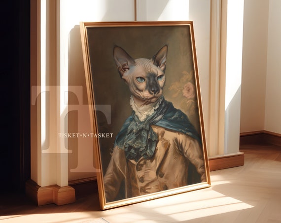 Victorian Era Seal Point Sphynx Cat Portrait Vintage Style Wall Art