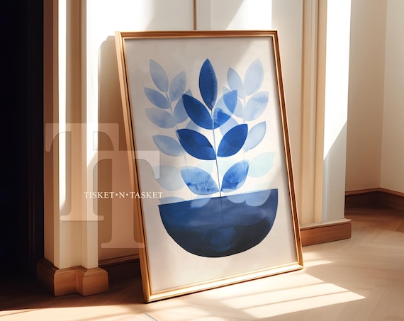 Blue Botanical Watercolor Leaves Minimalist Plant Painting Wall Art