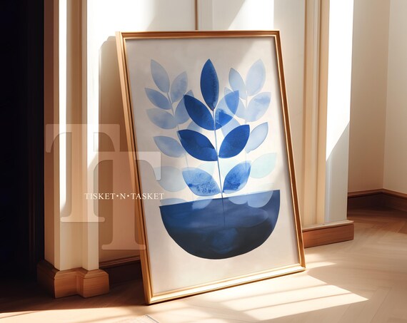 Blue Botanical Watercolor Minimalism Painting Vertical Wall Art