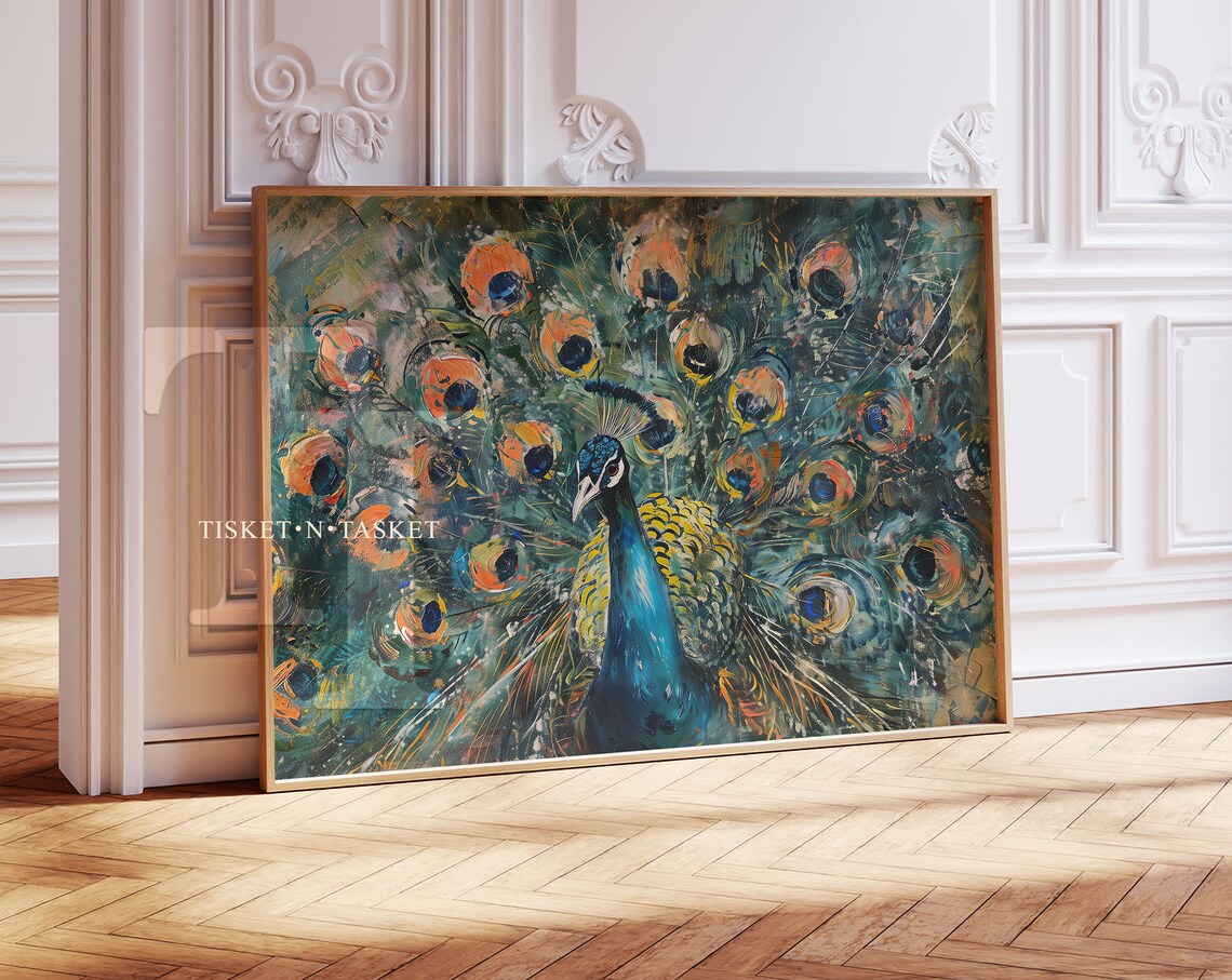 Colorful Peacock Painting Vibrant Oil Style Fanned Tail Feathers Bird Poster