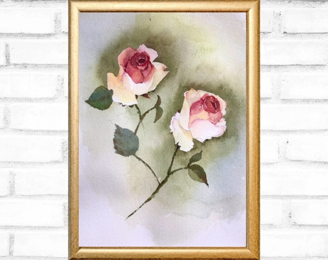 Two Blush Pink Roses Blooming Soft Green Watercolor Floral Poster - Image 3