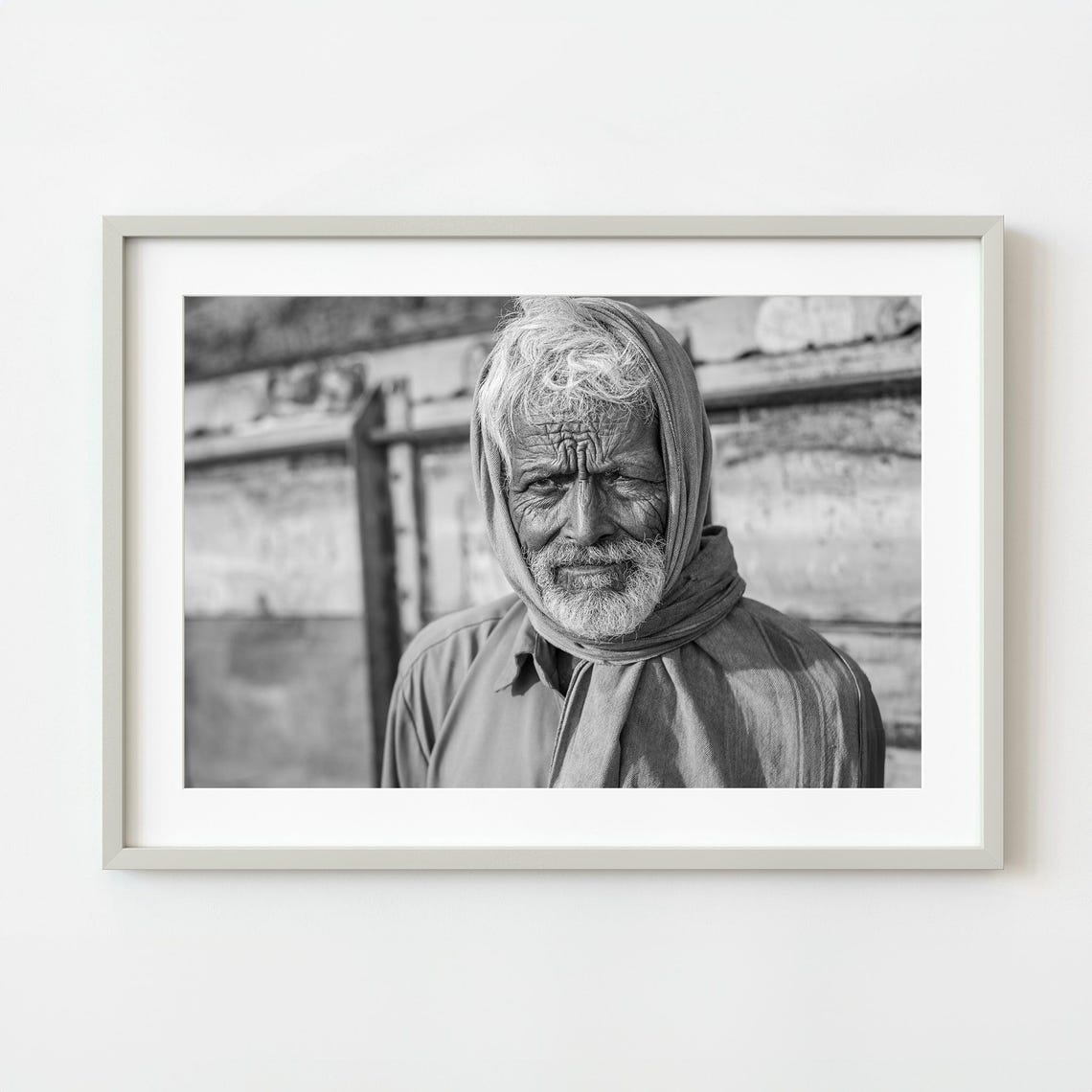 Elderly Man With Headscarf Black And White Portrait Photo Poster