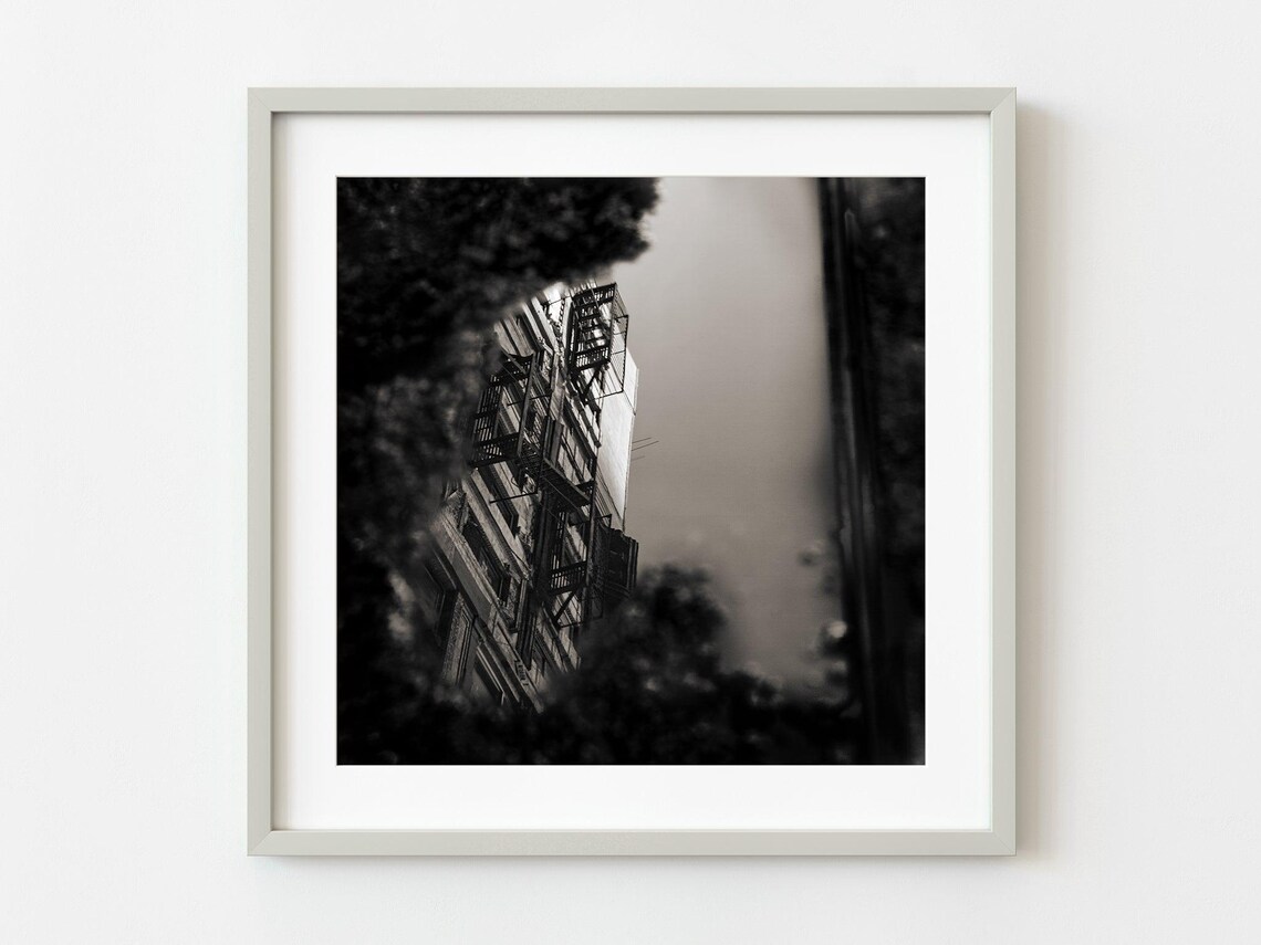New York Building Reflection Puddle Fire Escape Black White Street Photo Poster