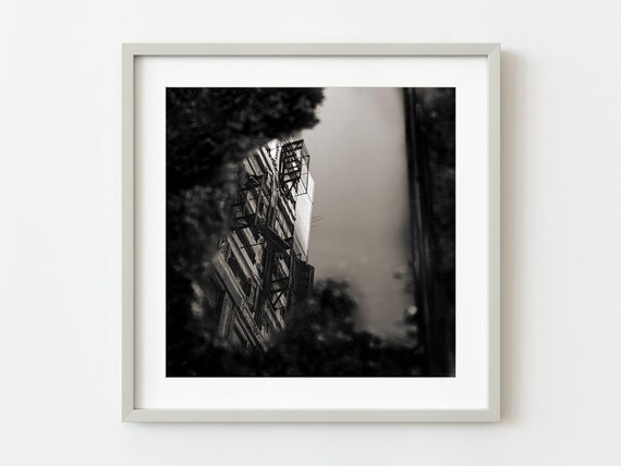 New York Building Reflection Puddle Fire Escape Black White Street Photo Poster