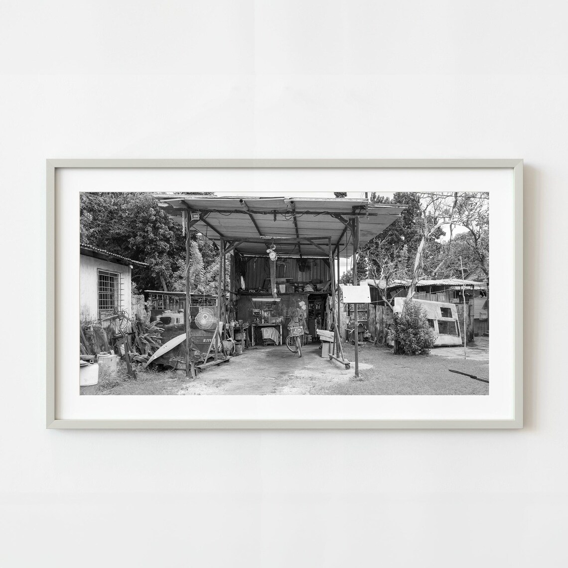 Rural Outdoor Garage Workshop Black And White Photography Poster
