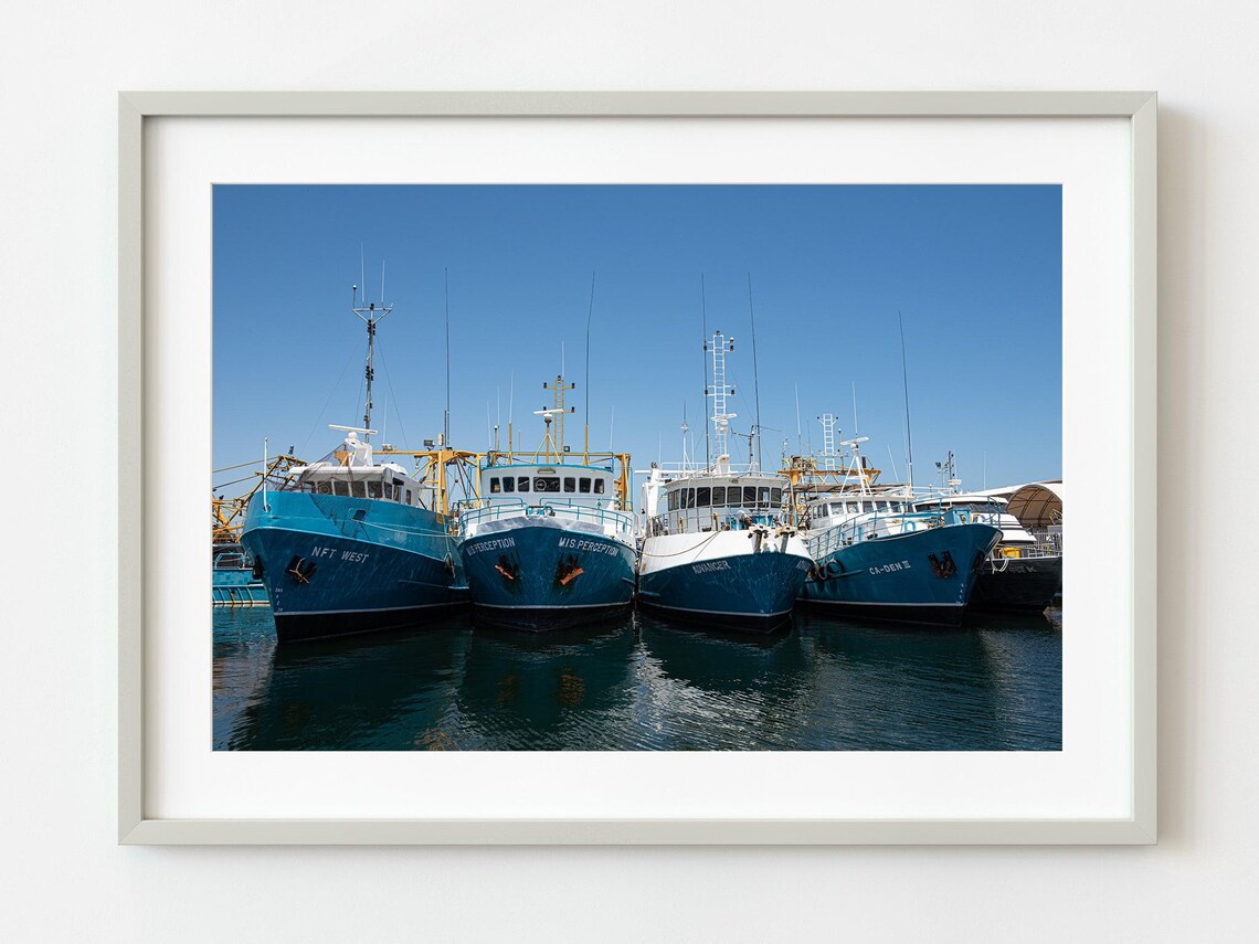 Blue Fishing Trawlers Docked In Sunny Marina Photography Poster