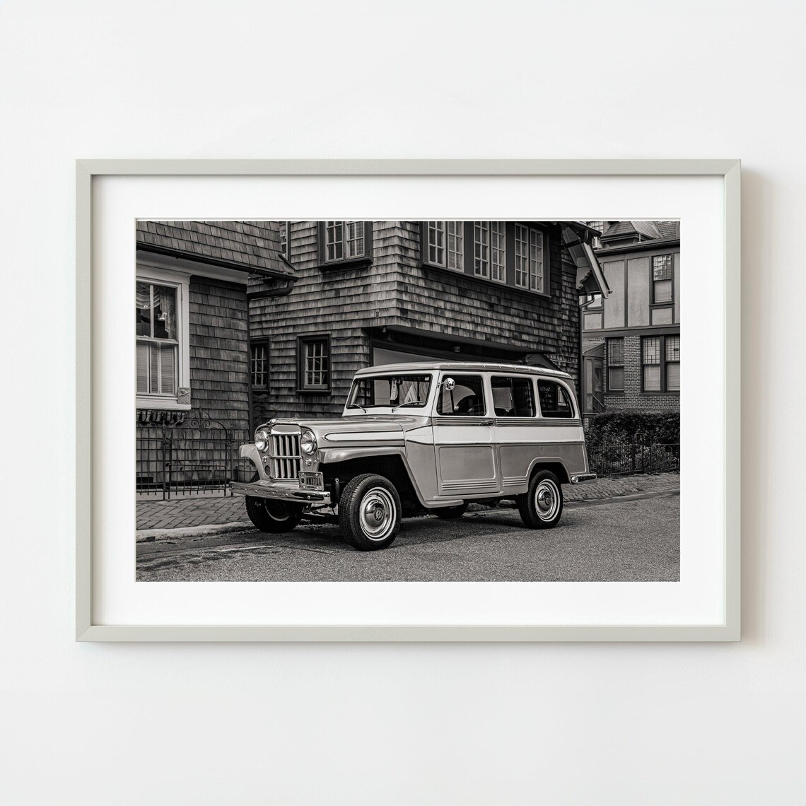 Classic Willys Wagon Vintage Car Black White Street Photography Poster