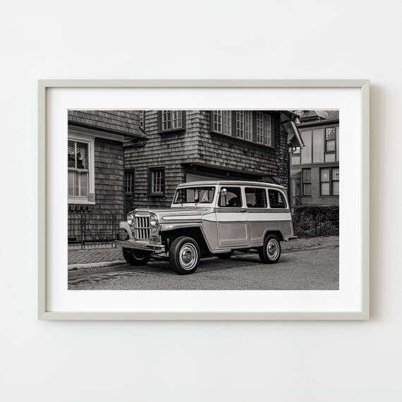 Classic Willys Wagon Vintage Car Black White Street Photography Poster