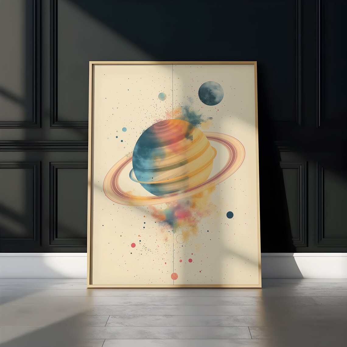 Rainbow Banded Saturn Planet Watercolor Splatter Beige Art Print - Image 3