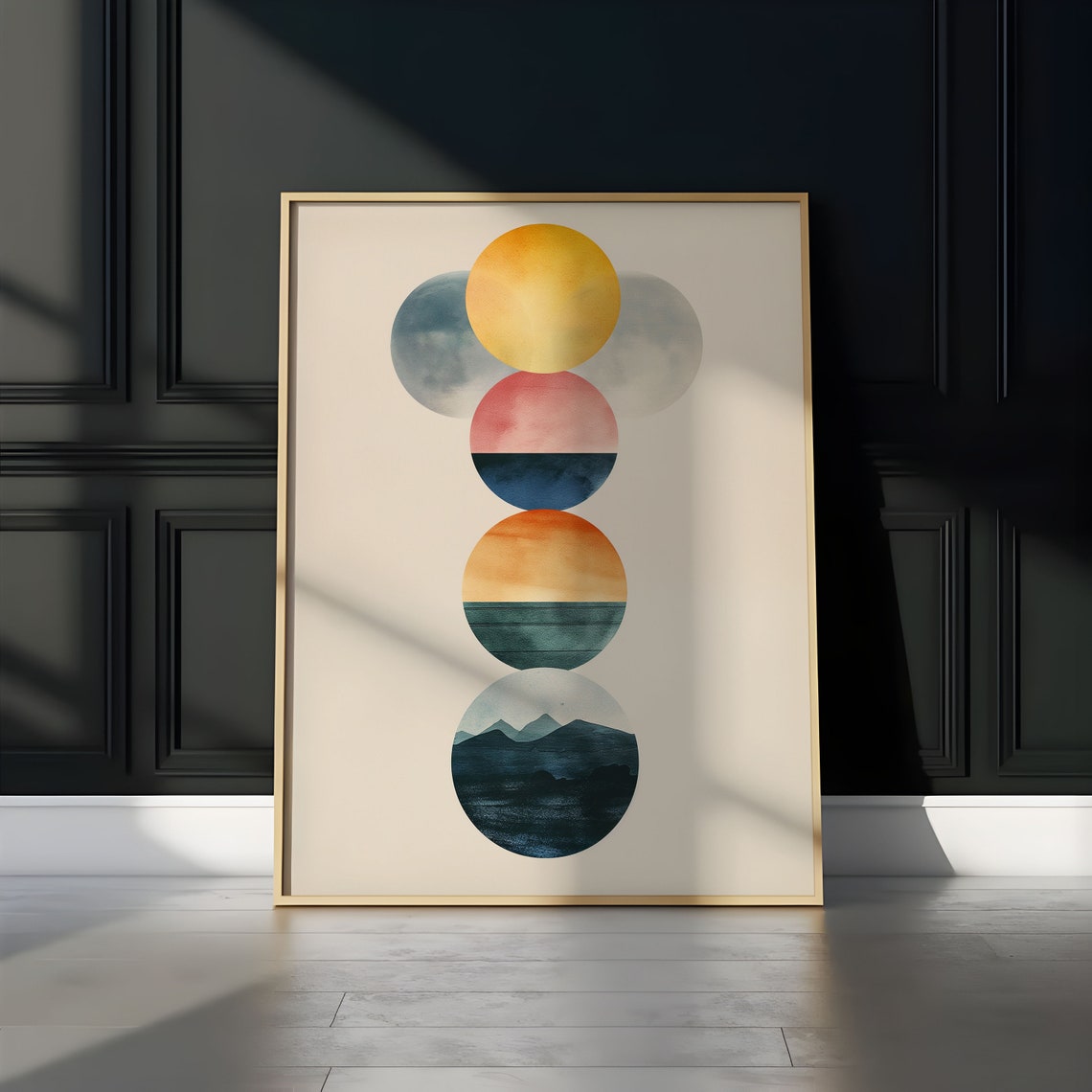Watercolor Gold Sun Winged Orb Stack Mountain Night Abstract Wall Art - Image 3