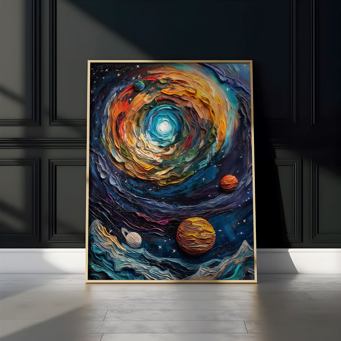 Cosmic Vortex Spiral Galaxy With Orbiting Planets Oil Style Poster - Image 2