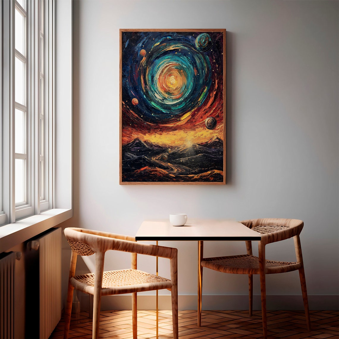Teal Orange Spiral Galaxy Dark Mountain Ridge Impasto Art Poster - Image 2