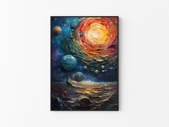 Orange Spiral Sun Teal Planet Ocean Waves Impasto Art Poster