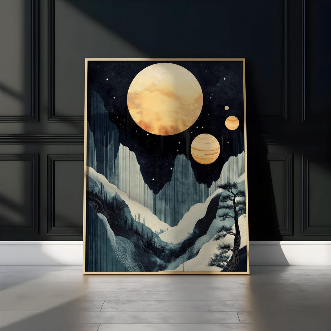 Amber Moons Snowy Mountain Valley Pine Winter Night Sky Poster - Image 3