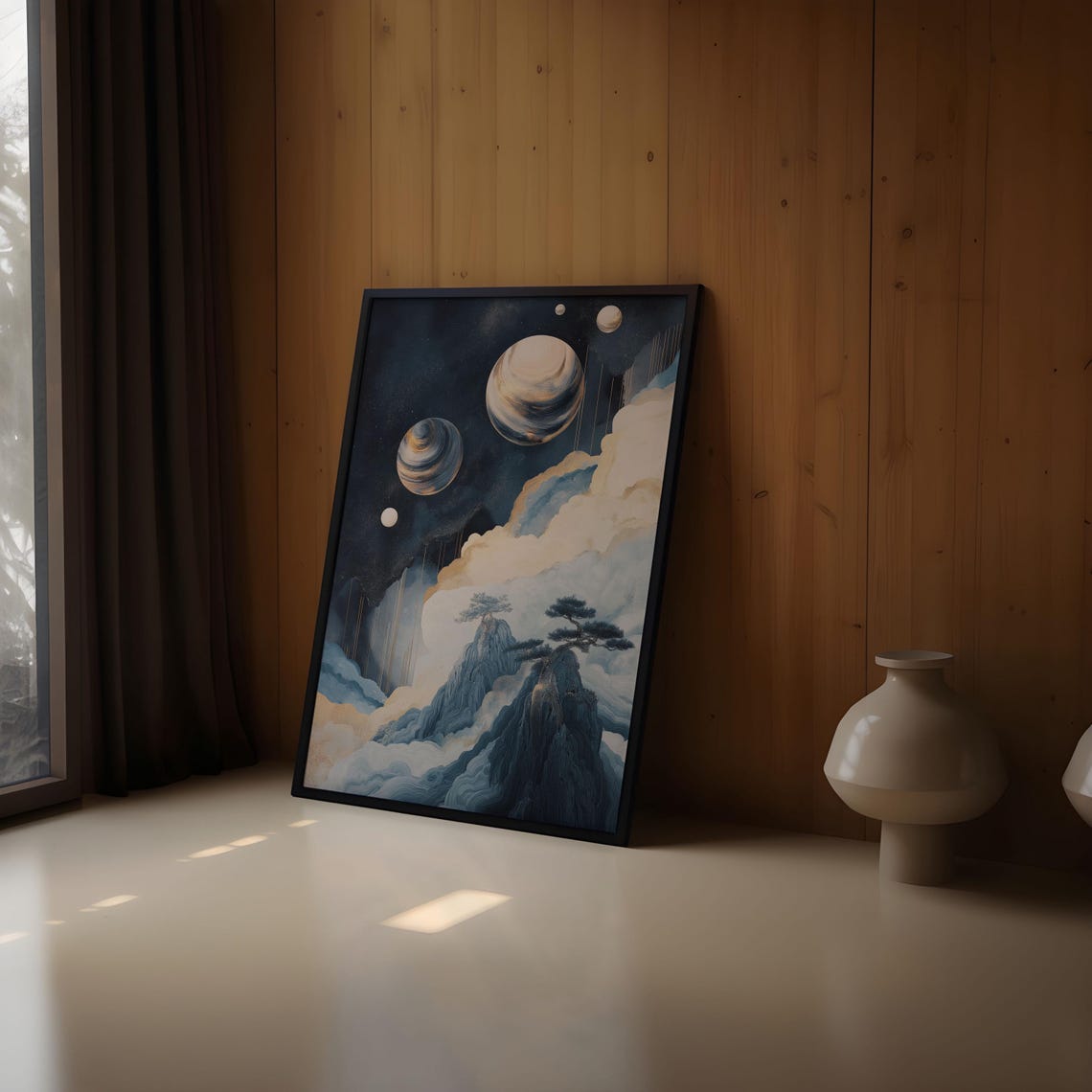 Japandi Cosmic Planets Misty Mountains Bonsai Minimalist Art Poster - Image 2