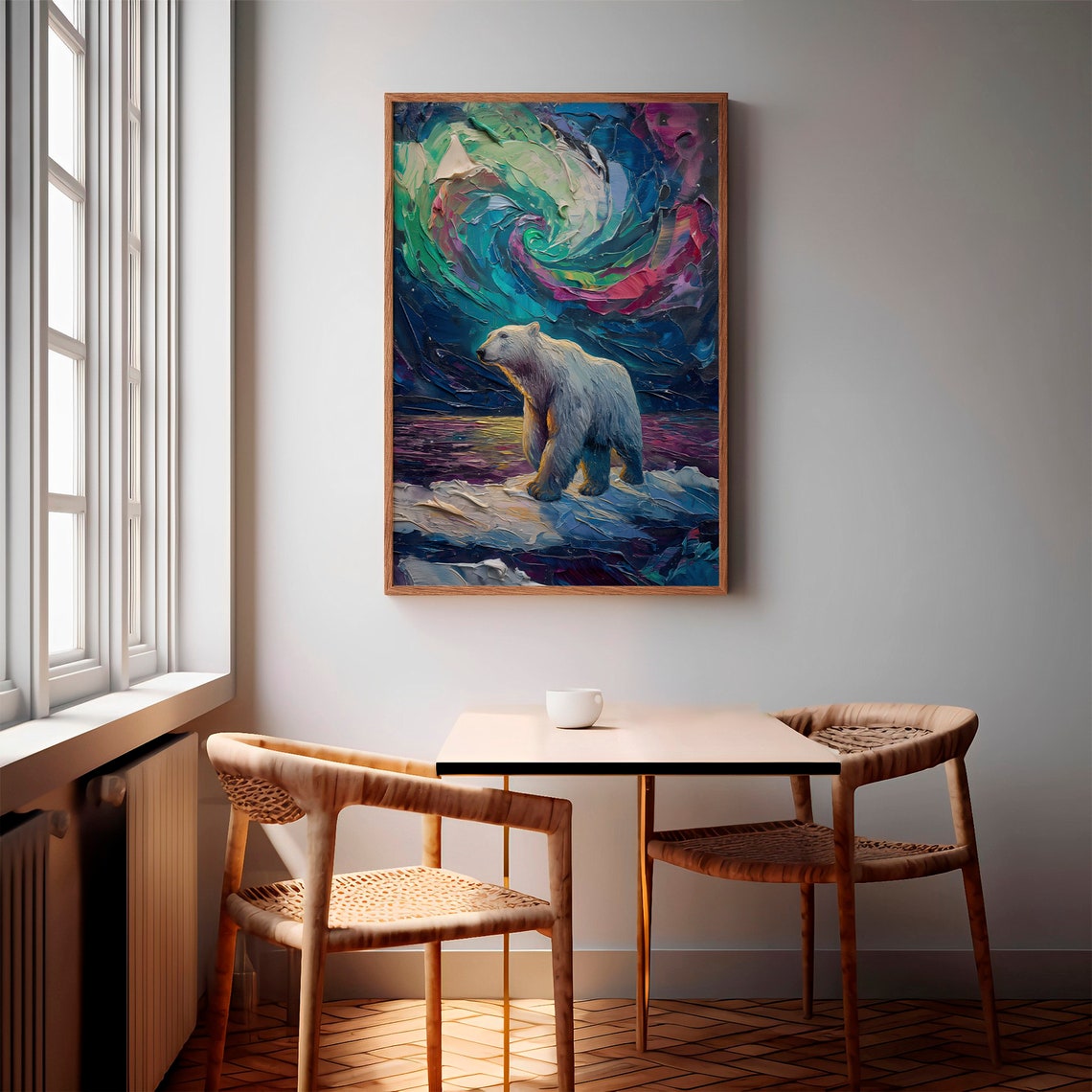 Polar Bear on Ice Sheet Under Green Pink Aurora Vortex Poster - Image 2
