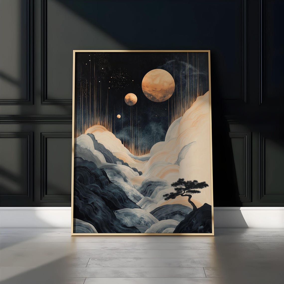 Twin Gold Moons Golden Rain Peach Cloud Waves Pine Cliff Night Poster - Image 3