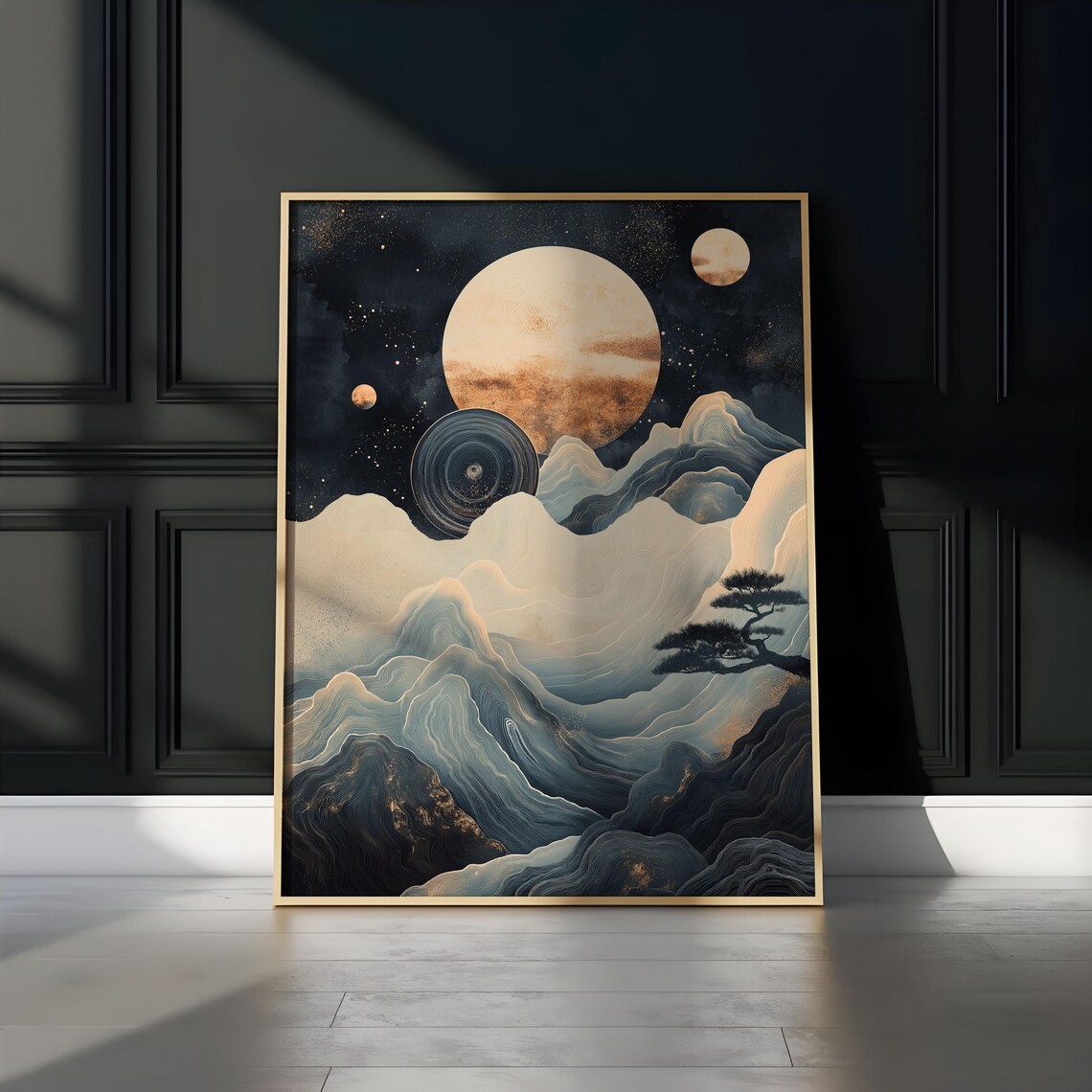 Full Moon Snowy Mountain Peaks Bonsai Pine Night Landscape Art Poster - Image 3