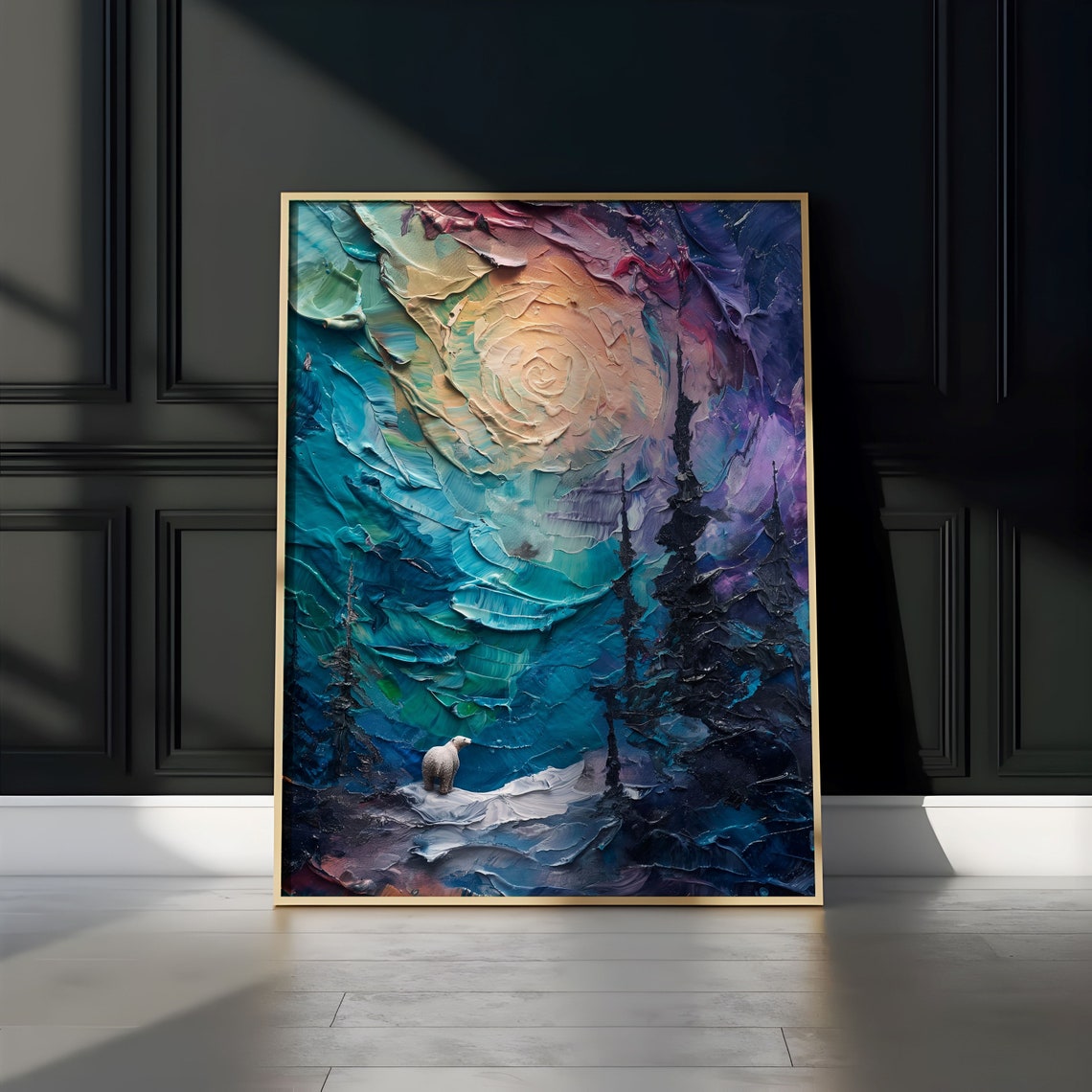 Lone Polar Bear on Snowy Cliff Under Pastel Aurora Swirl Poster - Image 3
