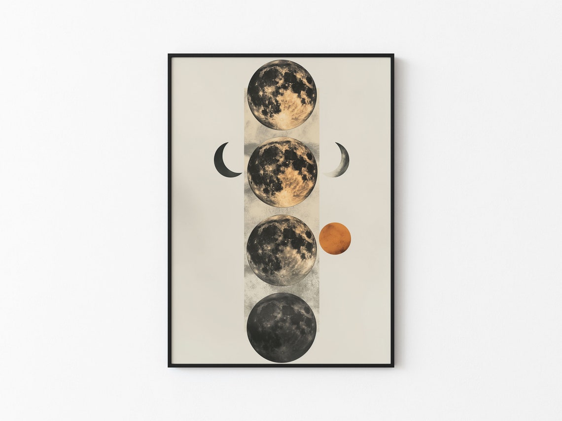Four Moons Column With Crescents Orange Orb Abstract Art Poster