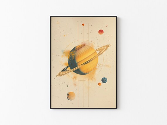 Watercolor Beige Abstract Gold Saturn Half Shadow Wide Ring Moon Dots Art Print