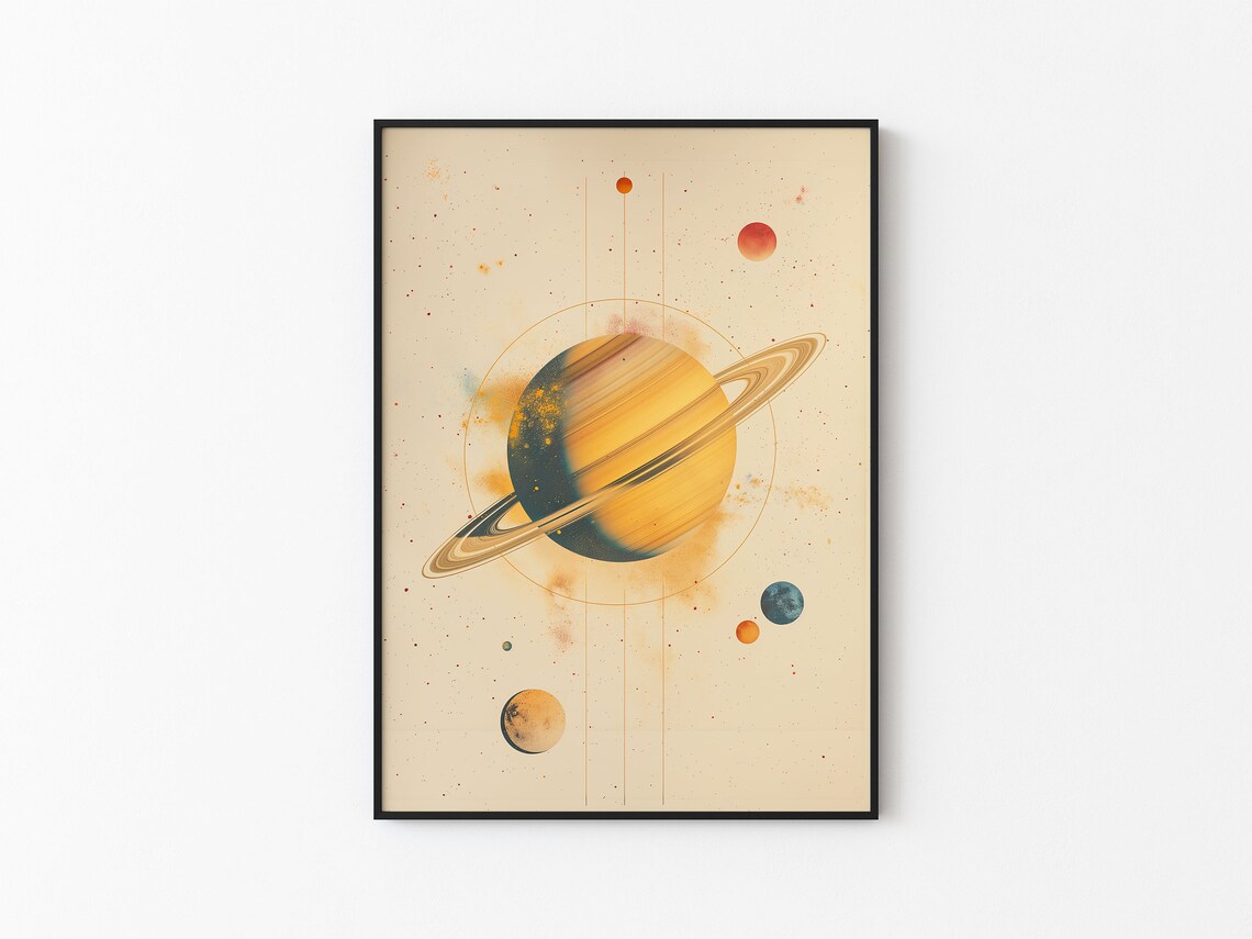 Watercolor Beige Abstract Gold Saturn Half Shadow Wide Ring Moon Dots Art Print