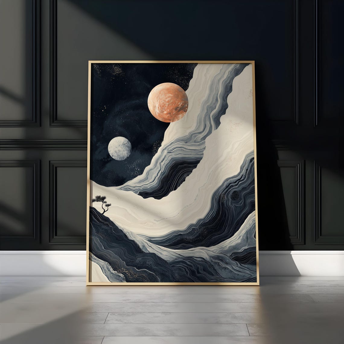 Rust Orange Moon White Moon Monochrome Wave Mountain Night Sky Poster - Image 3