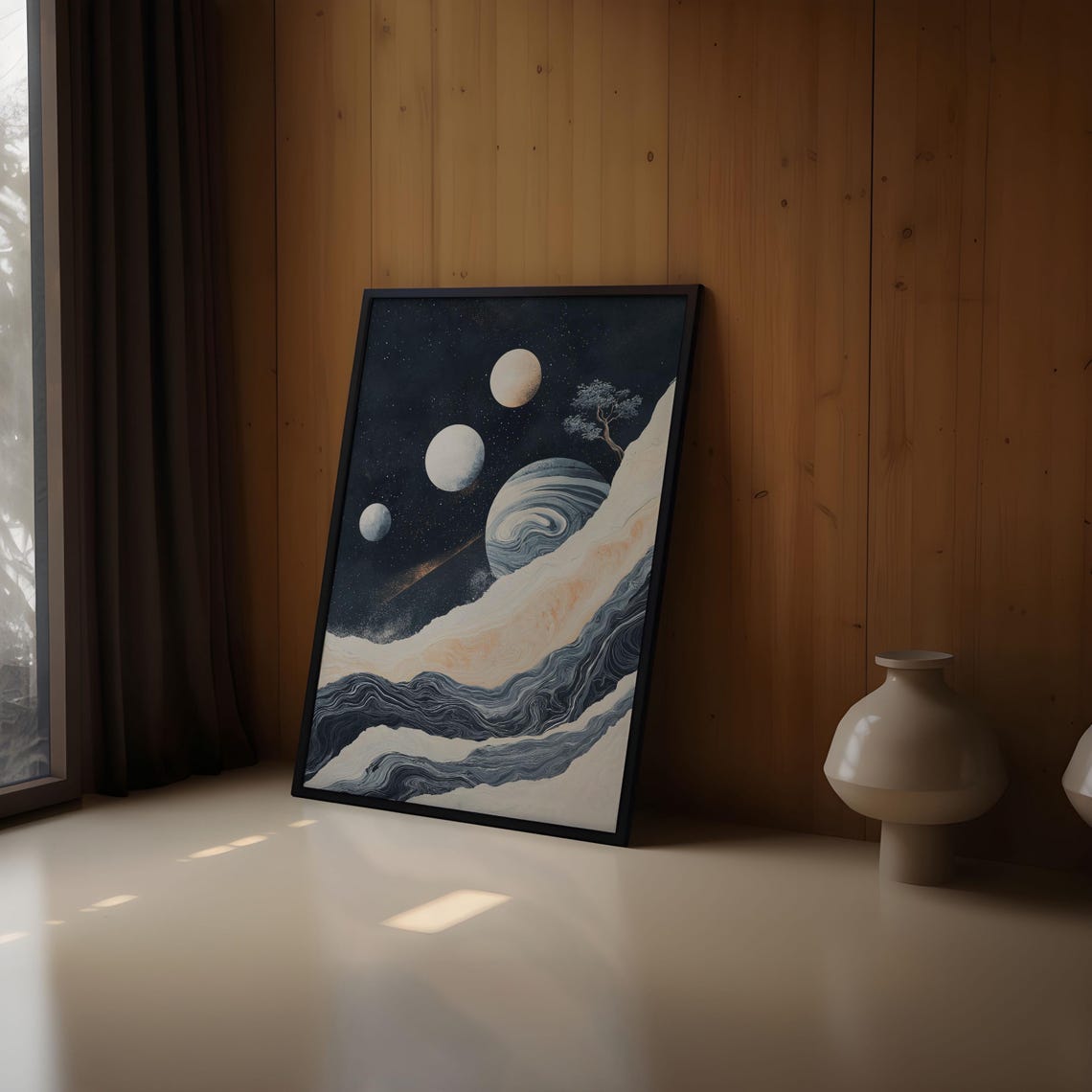 Three Moons Gas Giant Marble Sea Pine Cosmic Landscape Night Poster - Image 2