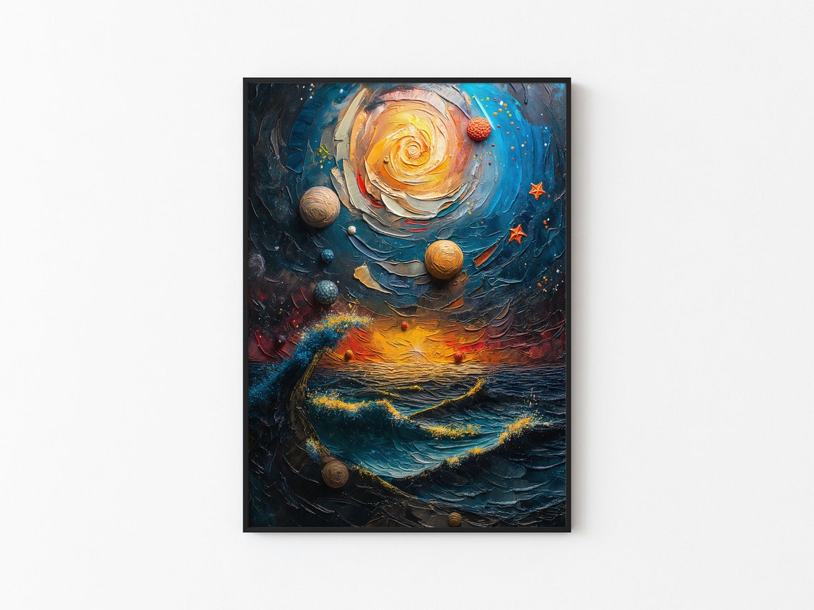 Blue Whirlpool Galaxy Spiral Sun Ocean Wave Impasto Art Poster