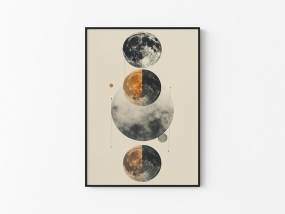 Overlapping Half Gold Half Dark Moons Geometric Cream Art Poster