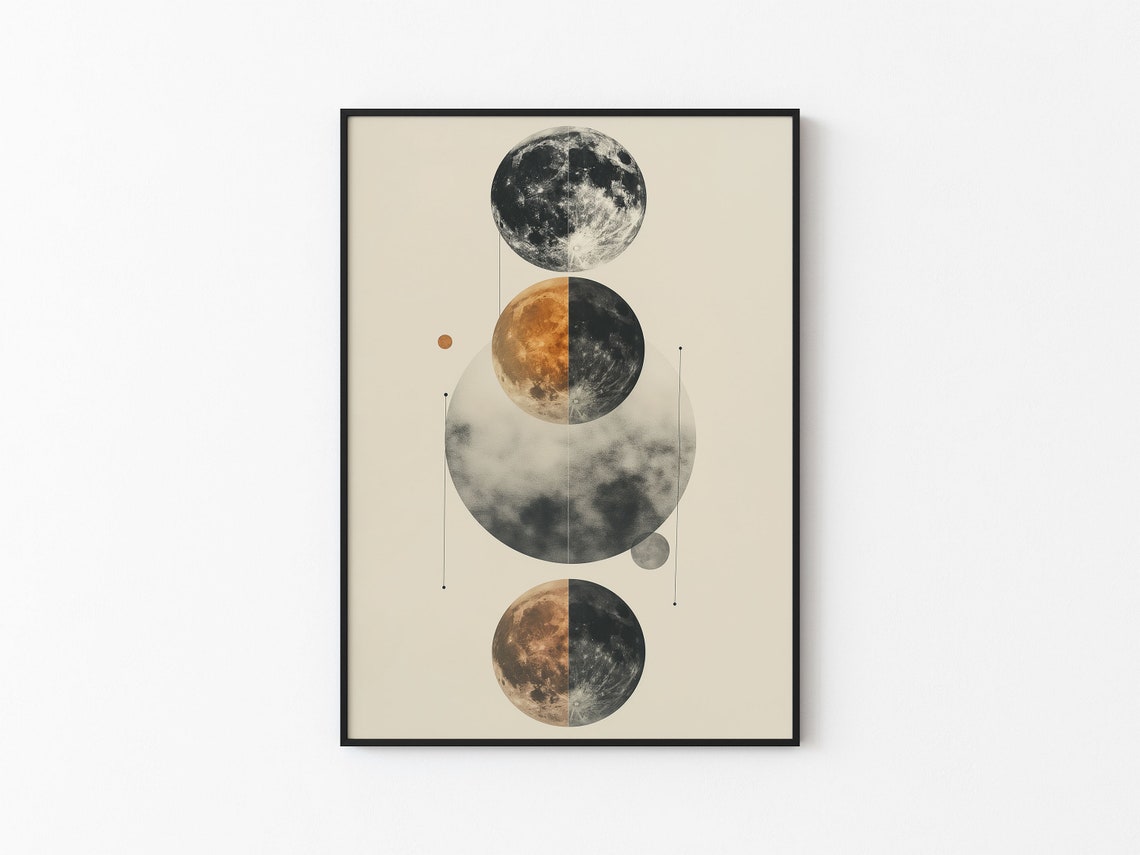 Overlapping Half Gold Half Dark Moons Geometric Cream Art Poster
