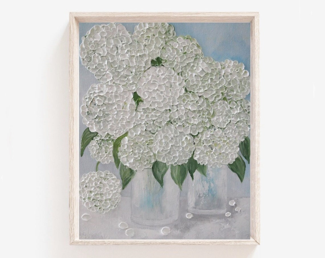Double White Hydrangea Impasto Painting in Glass Vases Art Poster