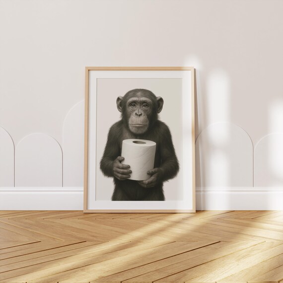 Funny Monkey Toilet Paper Print Bathroom Wall Art Chimpanzee Poster Quirky Home Decor Playful Gift