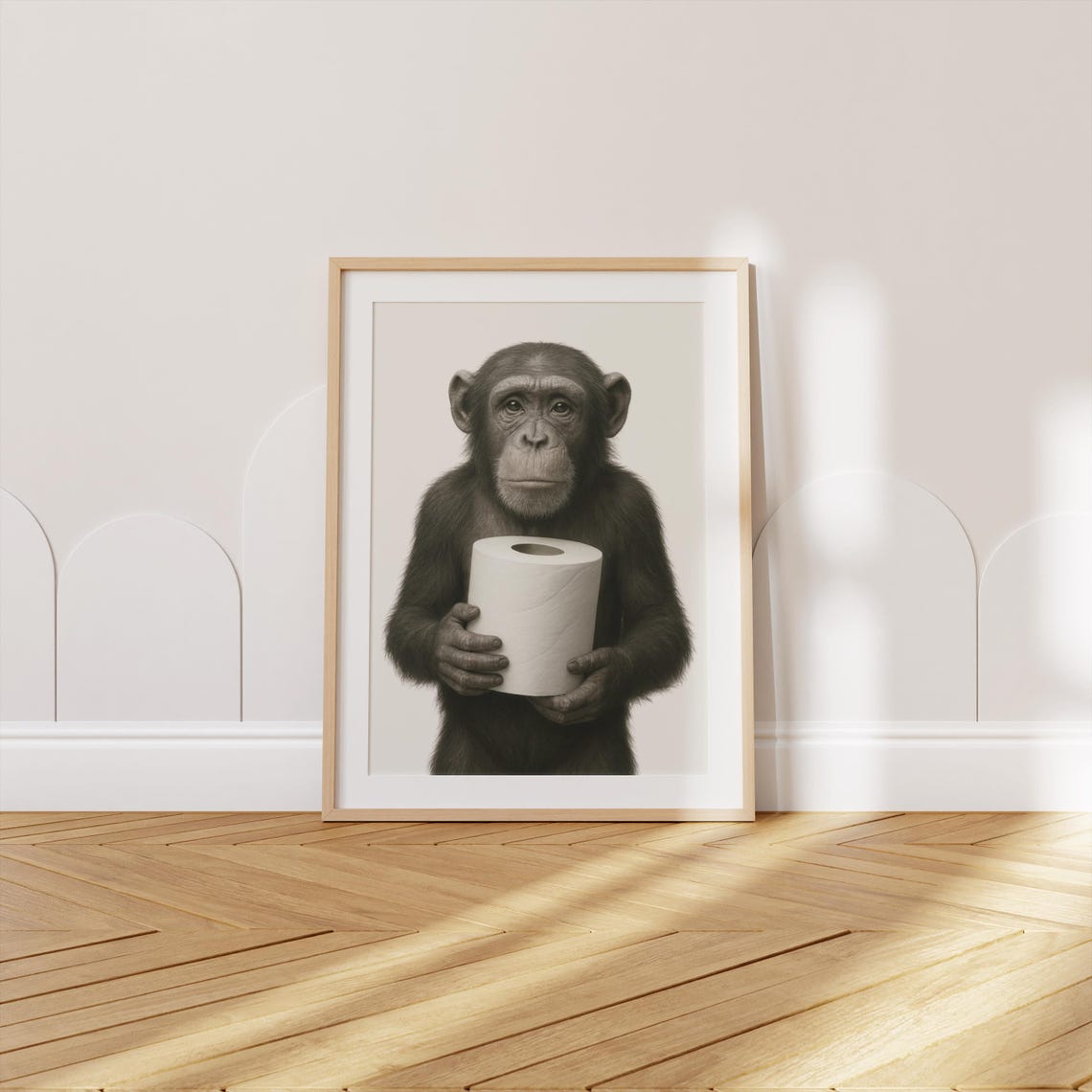 Funny Monkey Toilet Paper Print Bathroom Wall Art Chimpanzee Poster Quirky Home Decor Playful Gift
