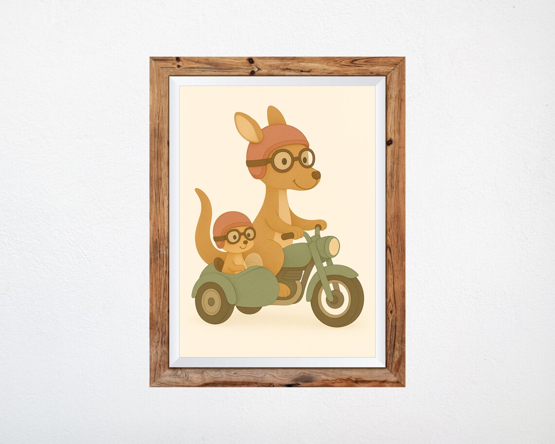 Kangaroo on Retro Motorcycle With Sidecar, Vintage Safari