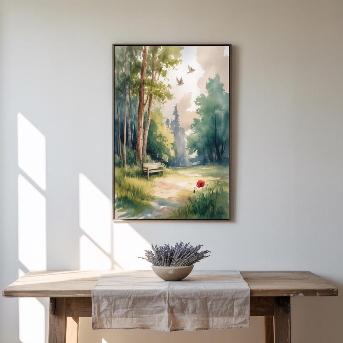 Tranquil Forest Path With Bench Birds Red Poppy Watercolor Poster - Image 2
