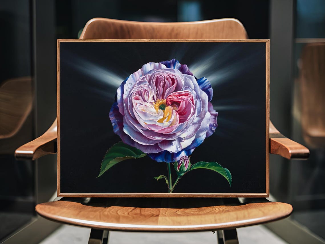Juliet Rose Full Bloom With Leaves And Bud On Black Wall Art - Image 3