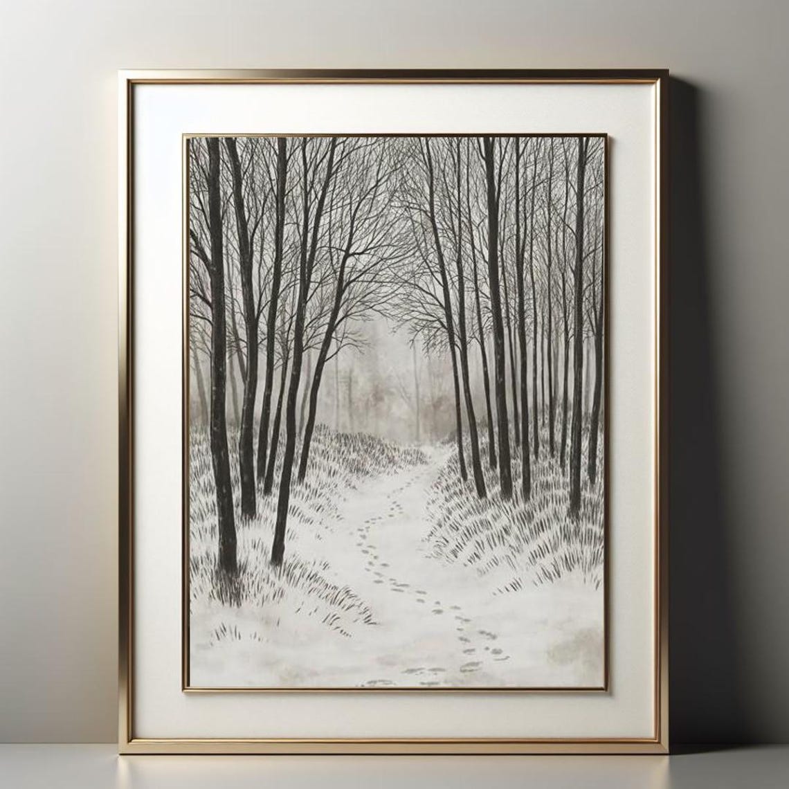Snowy Birch Forest Path Footprints Winter Ink Drawing Poster - Image 2