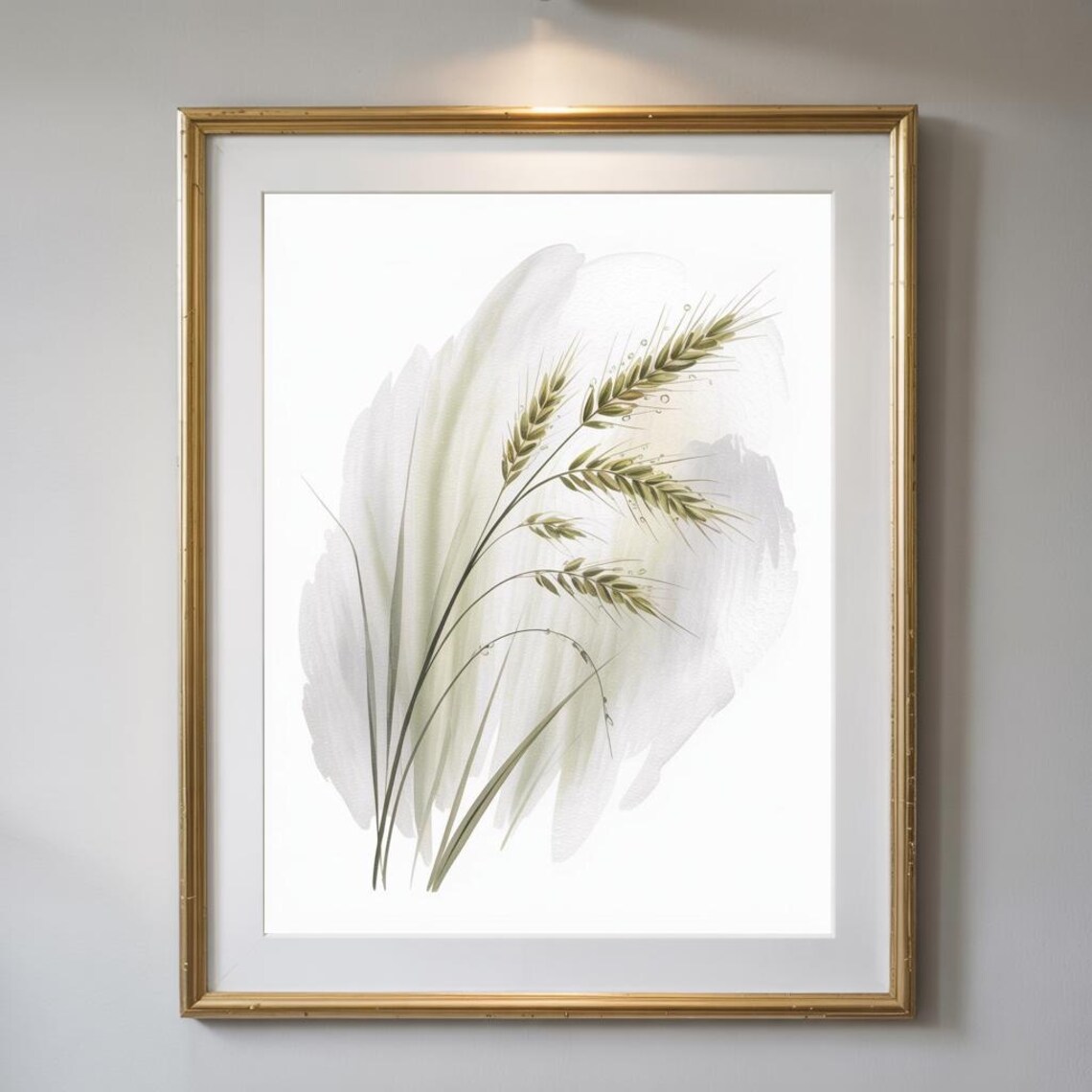 Green Wheat Stalks Watercolor Soft Botanical Farmhouse Poster