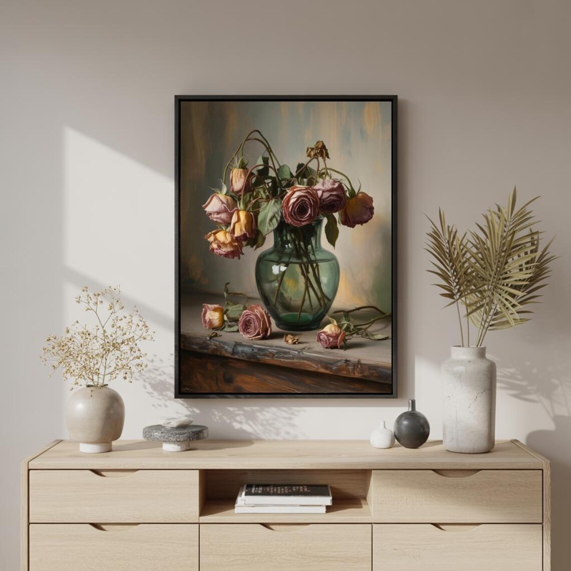 Faded Roses In Green Glass Vase Moody Floral Still Life Poster