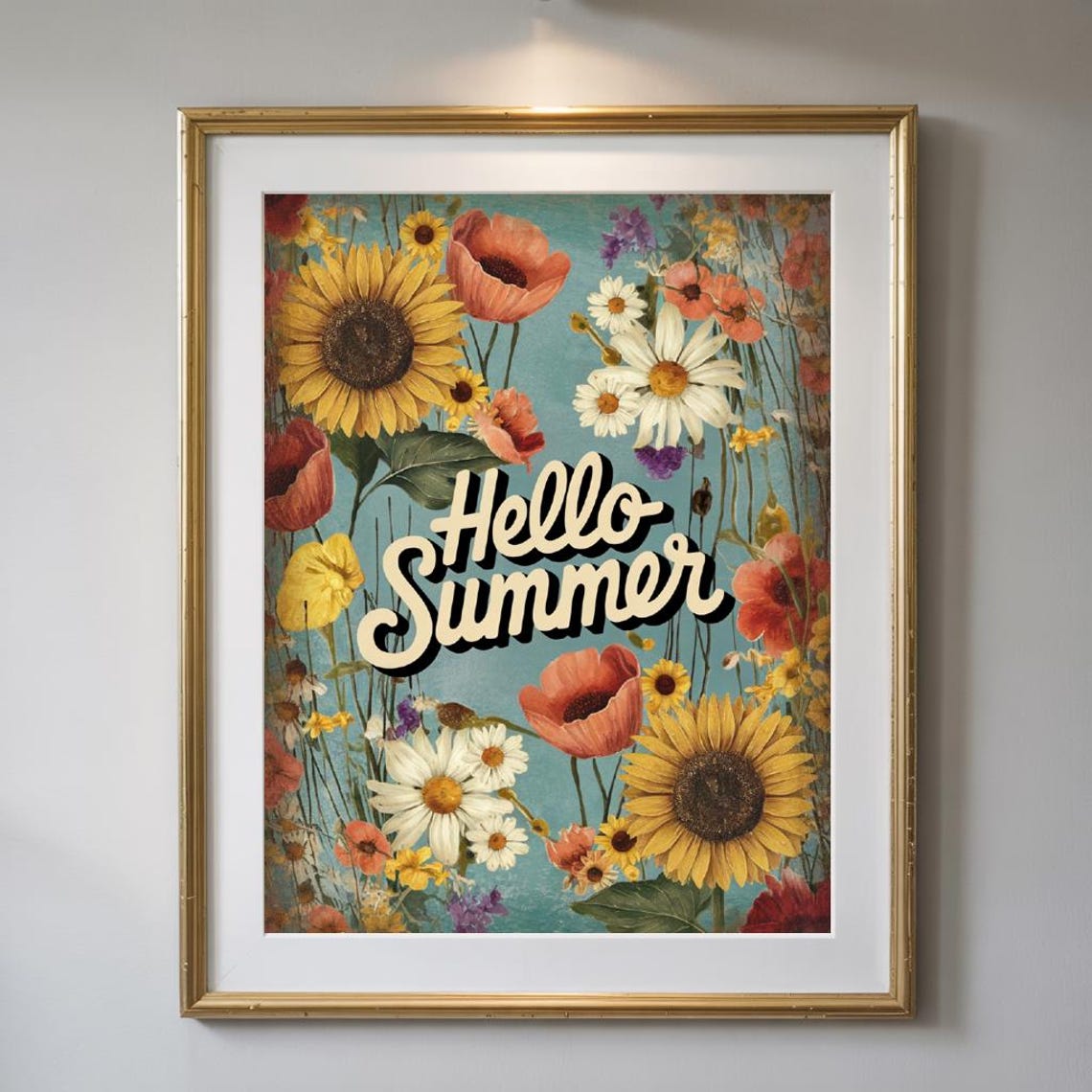 Hello Summer Retro Wildflower Field Teal Vintage Typography Poster