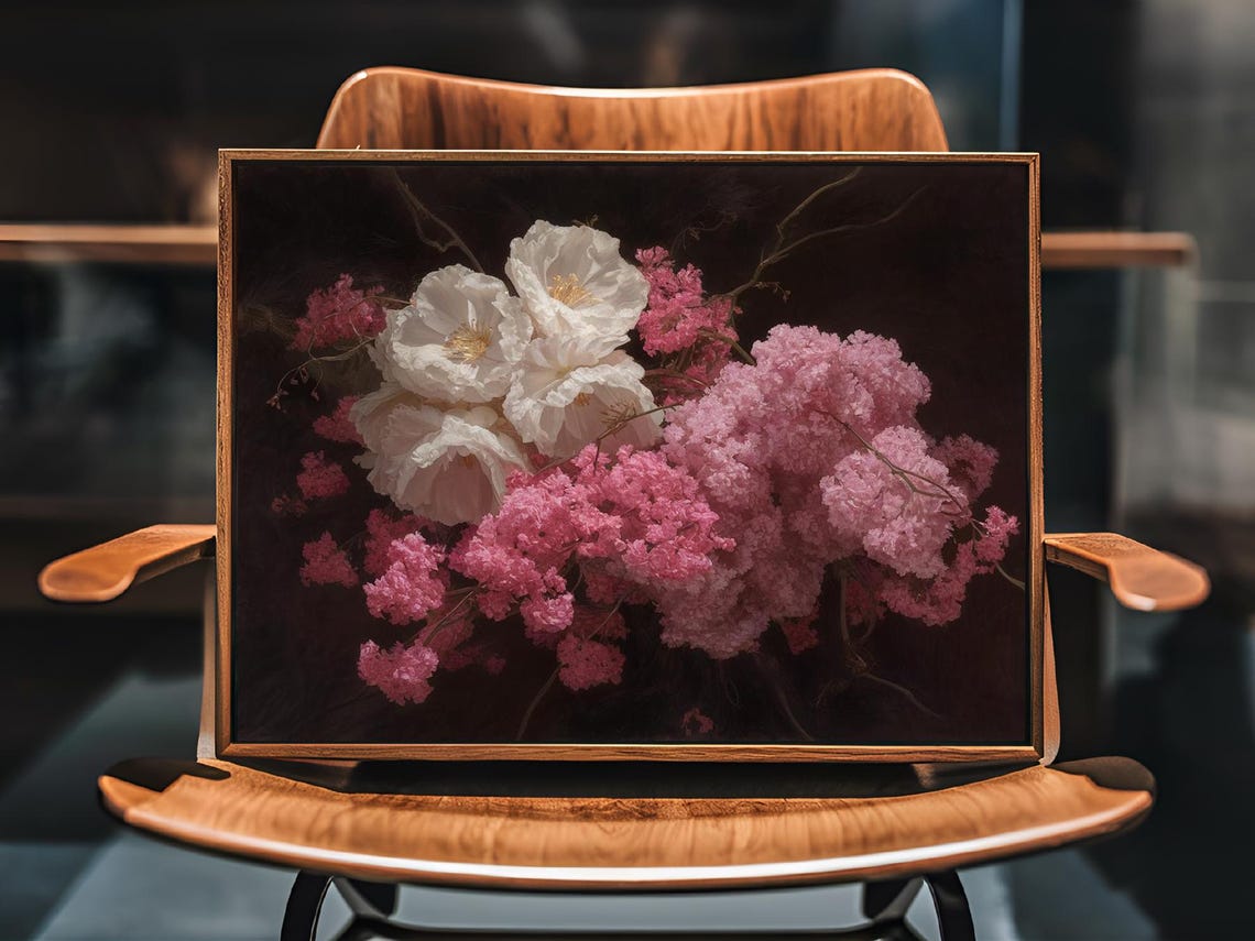 Moody White Blossoms Pink Flowers Dark Botanical Elegant Poster - Image 2