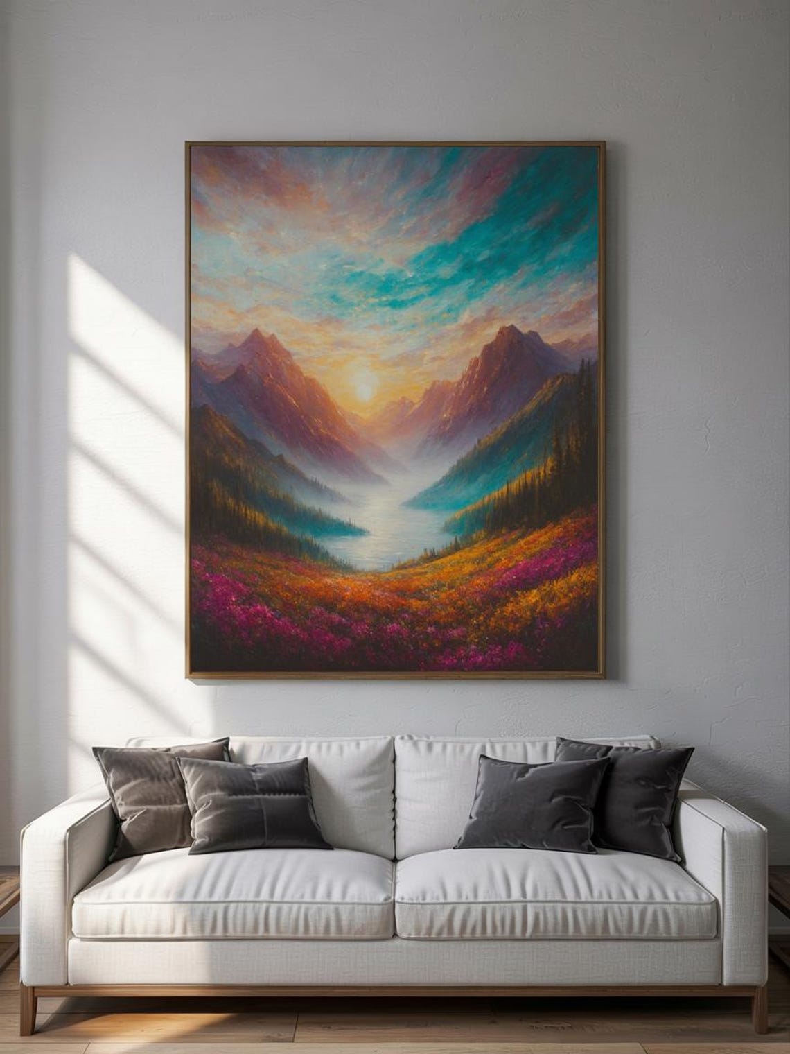 Vivid Mountain Valley With Magenta Wildflowers at Sunset Poster - Image 2