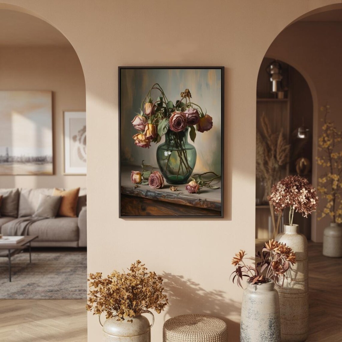 Faded Roses In Green Glass Vase Moody Floral Still Life Poster - Image 2